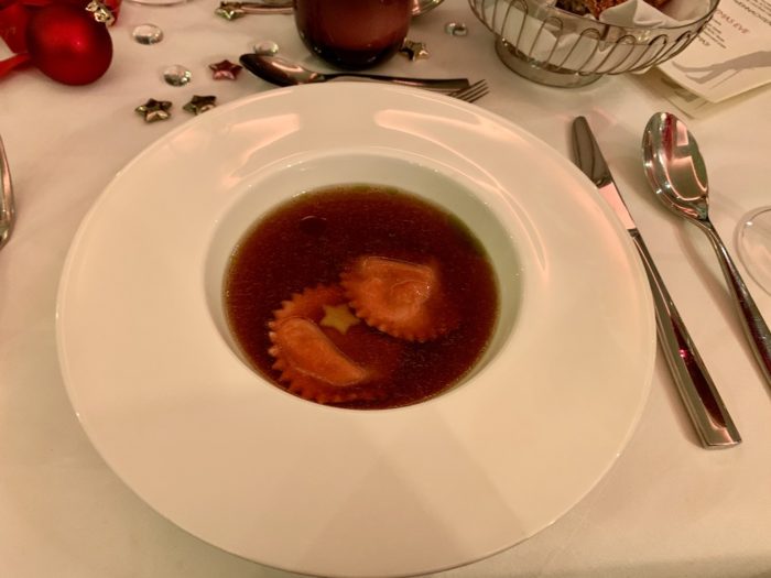 Venison ravioli, marjoram, and parsnip, paired with a pinot noir from the Baden region of Germany.