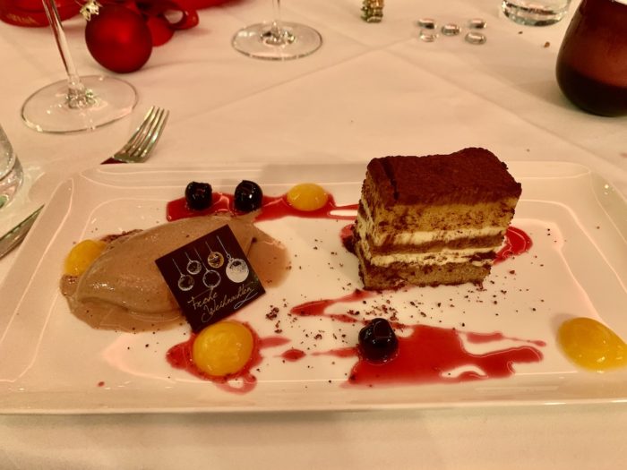 And finally, tiramisu with ginger bread icing, amerada cherries, and mandarine, paired with furmint wine from Hungary.