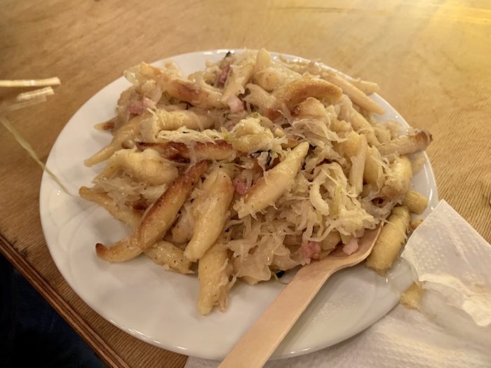 Spaetzle (four-based dumpling, similar to Italian pasta) and Sauerkraut.